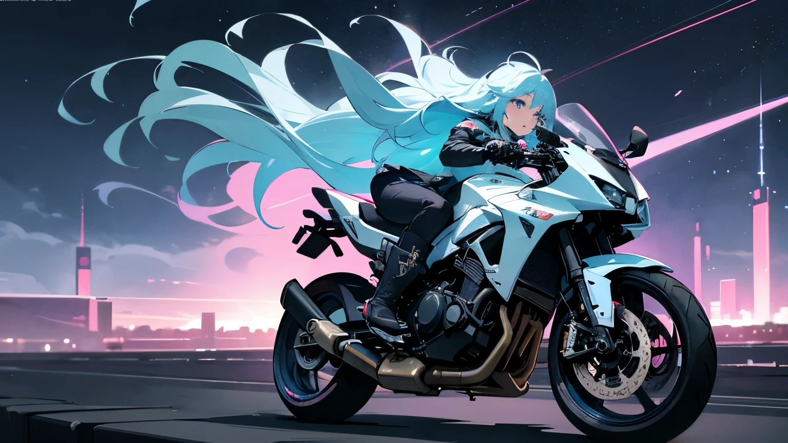 beautiful若い女性 (1 girl) Around 20 years old. powerful expression. hall々Appearance. Long light blue hair, straight hair, ((Messy)) hair, ((前hair)) Plump、leather boots. futuristic city background, Together with the starry sky. Drawing the Earth in the Sky.Healing、fantasy、Bewitching、Panty shot、beautiful、白hair、Motorcycle of the Future、