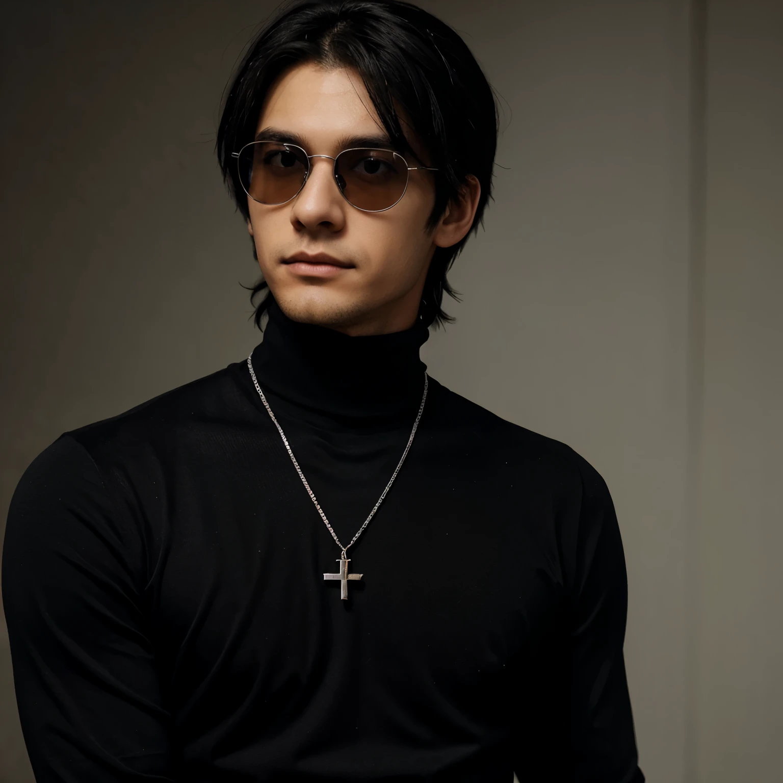 A young man with black hair, dark glasses, a neutral face, and a black turtleneck. Silver cross necklace, anime style