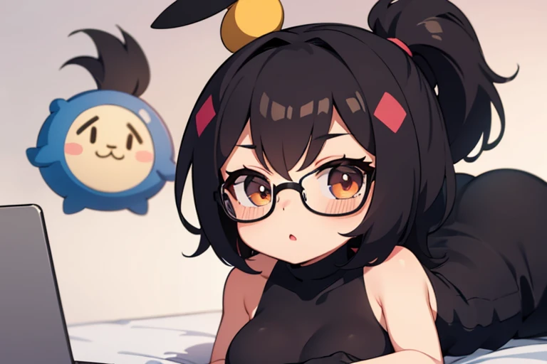 1 chica, sexy, pelo corto negro, cuerpo completo, chibi, con gafas, linda,