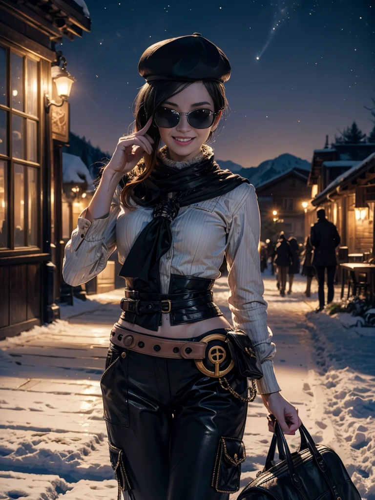 (masterpiece,stunning girlfriend, (standing:1.1), dynamic pose, heart shaped face,elegant face, beautiful face, highly detailed face, highly detailed skin, skin pores, subsurface scattering, realistic pupils, loving smile, looking at viewer, full lips, detailed background, depth of field, atmospheric perspective, volumetric lighting, sharp focus, absurdres, realistic proportions, good anatomy, (realistic, hyperrealistic:1.4), 16k hdr, (masterpiece, best quality:1.2), cowboy shot, solo, 1girl, coco adel, grin, looking at viewer, hand on hip, beret, sunglasses, white shirt, black tie, business suit, black shoes, black gloves, jacket, pants, jewelry, belt, standing outdoors, night, stars, near ski lodge, snow, mountain, crowds 