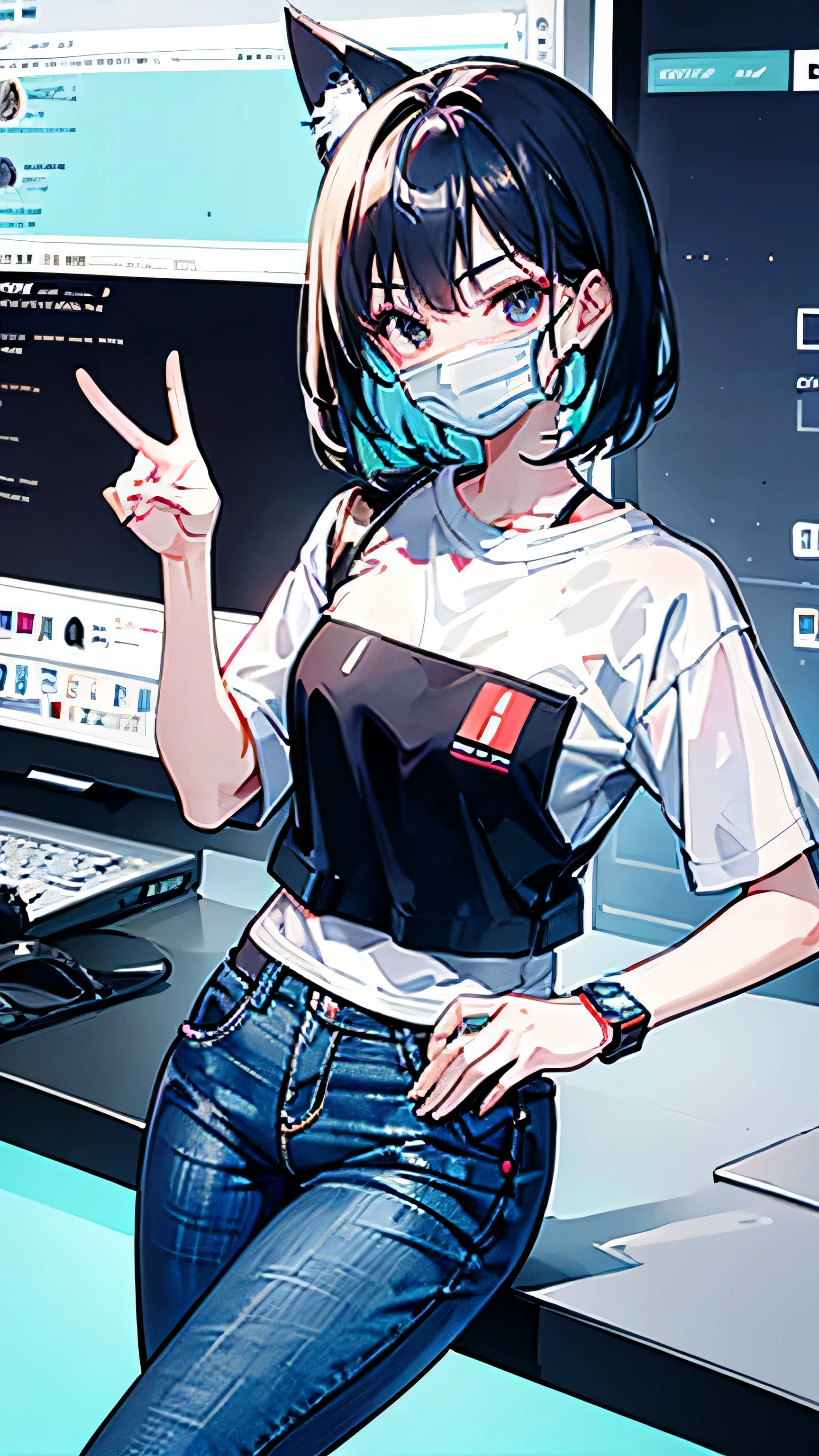 Create an anime character WITH MASK AND MIC for a YouTube channel, friendly and approachable, youthful appearance, average height, slim build, expressive eyes, warm smile, curious expression, medium-length hairstyle, casual and trendy, natural hair color, modern and casual outfit, comfortable t-shirt or blouse, jeans or casual pants, stylish watch or glasses, contemporary style, wide audience appeal, reflect YouTube channel theme, technology, gaming, pop culture, exude friendliness, authenticity, viewer engagement, connection with host. This revised prompt retains the original meaning and intent, while using more concise language to convey the desired character specifications.