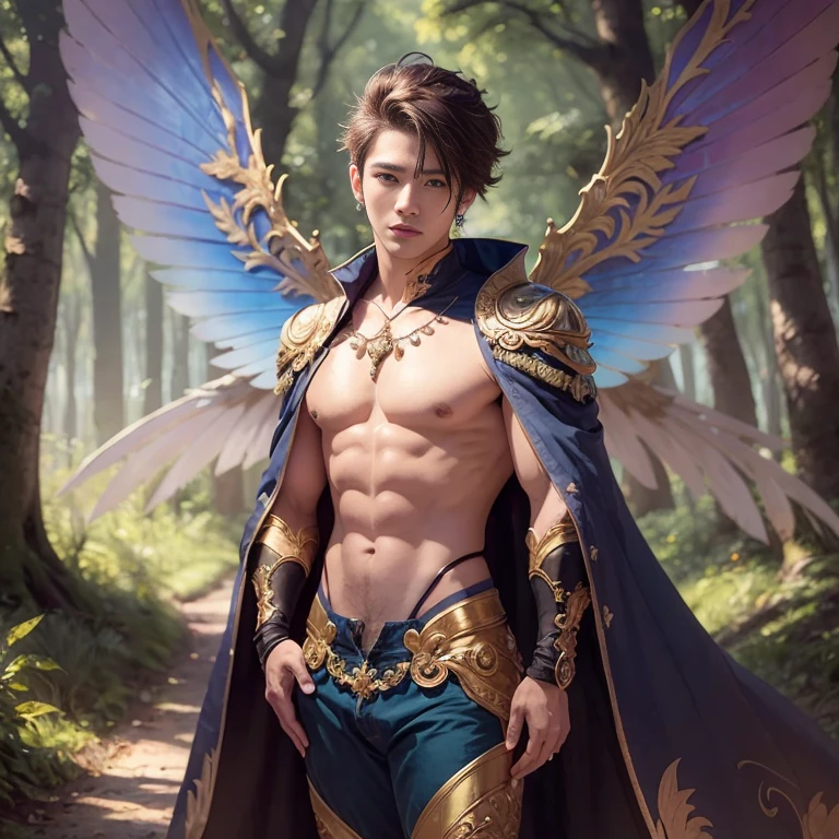 Cute male angel with blue and gold details., Large wings, full body, forest in the background, soft, Delicate, Symmetrical color, Men's Face, Masterpiece, full body 