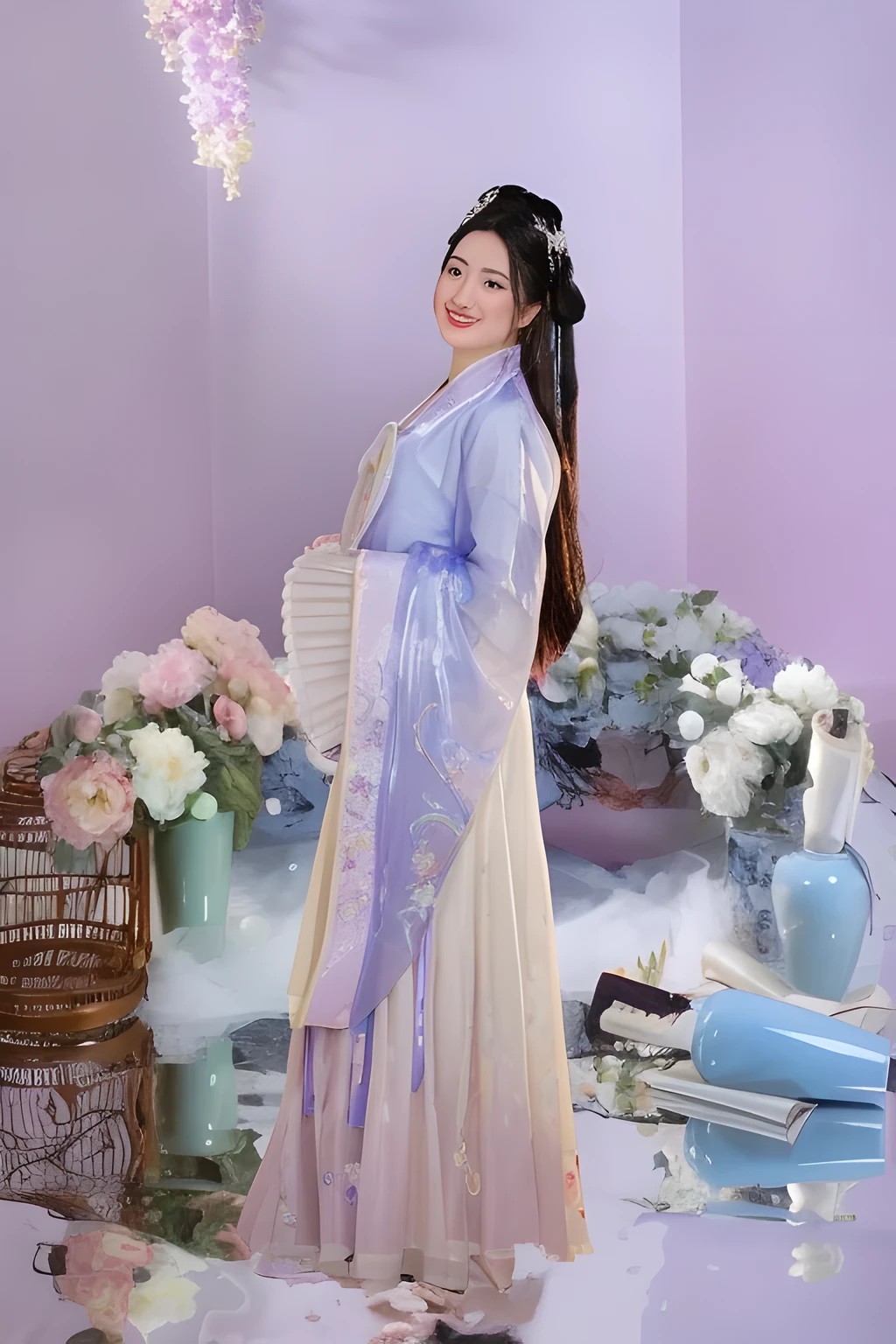 araffe woman in a purple and white dress standing in a room, hanfu, palace ， a girl in hanfu, white hanfu, wearing ancient chinese clothes, with acient chinese clothes, traditional chinese clothing, pale and coloured kimono, chinese costume, wearing a luxurious silk cloak, full body xianxia, ancient chinese princess, dressed with long fluent clothes