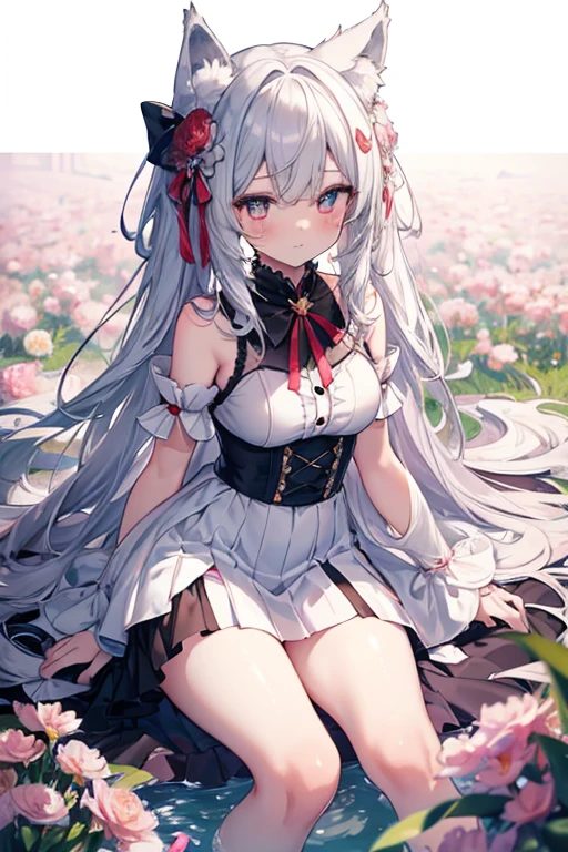 with long coiled hair, flowers in head, Cat ears, Bright pupils, Blush, (Monet:1), anaglyph, Fuji colors, outside border, Top-down view, hyper HD, Masterpiece, ccurate, Textured skin, 4K, Best quality, A high resolution, High quality, hyper HD, Masterpiece, Textured skin, A high resolution, Best quality, High quality, 4K,Exquisite facial features,Rich colors,Superskirt,Raised sexy,semi transparent,sweat leggs,dual horsetail,silvery white hair,Red pupils,Bow knot,(Wolf tail:1),Bell