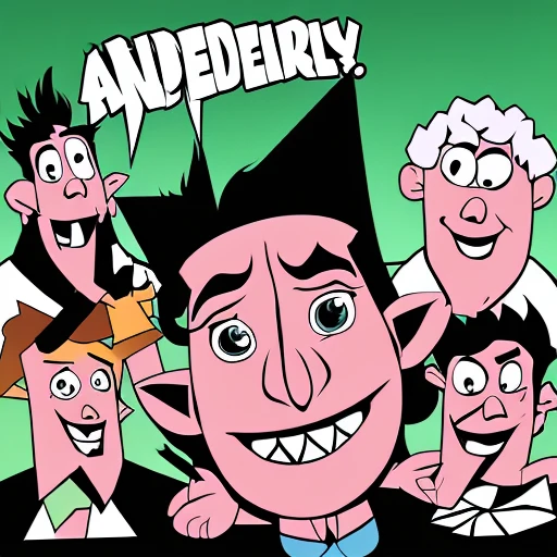 A Male  ventriloquist's dummy with a long nose, pale face, big smile, slightly spiky black hair, black and pink armor, triangle-shaped core in the center of the chest, large cardboard wings, suspended in the air, with wires holding it up, large stature ,Cannon on the left arm, White high heels,Very eccentric and petty personality, greedy,roller coaster atmosphere