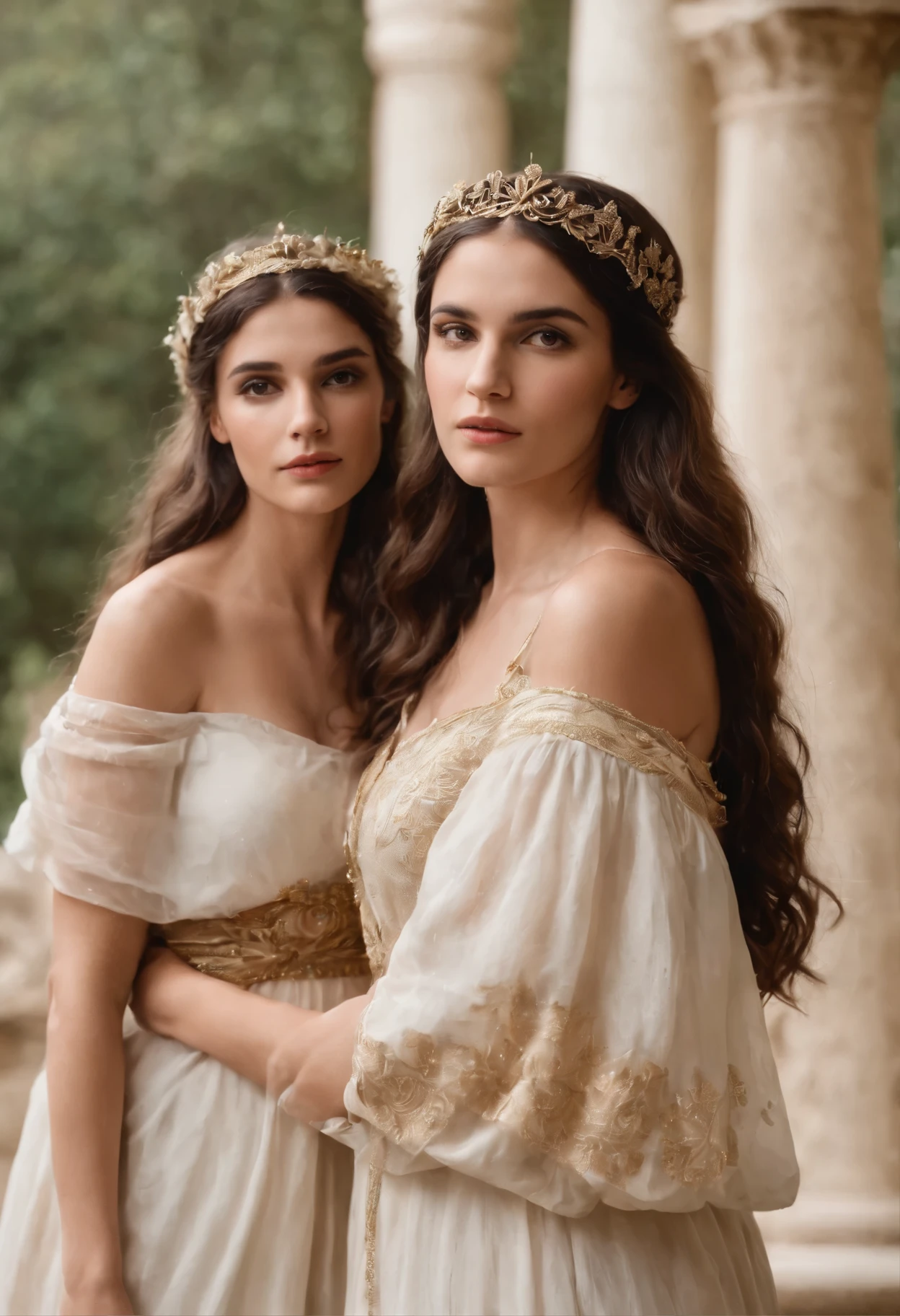 5 jovens garotas, 2 morenas cacheadas longa ,1 loira lisa ,1 medium straight brunette and 1 long wavy brunette dressed up as Ancient Greek princesses. Retratos antigos.