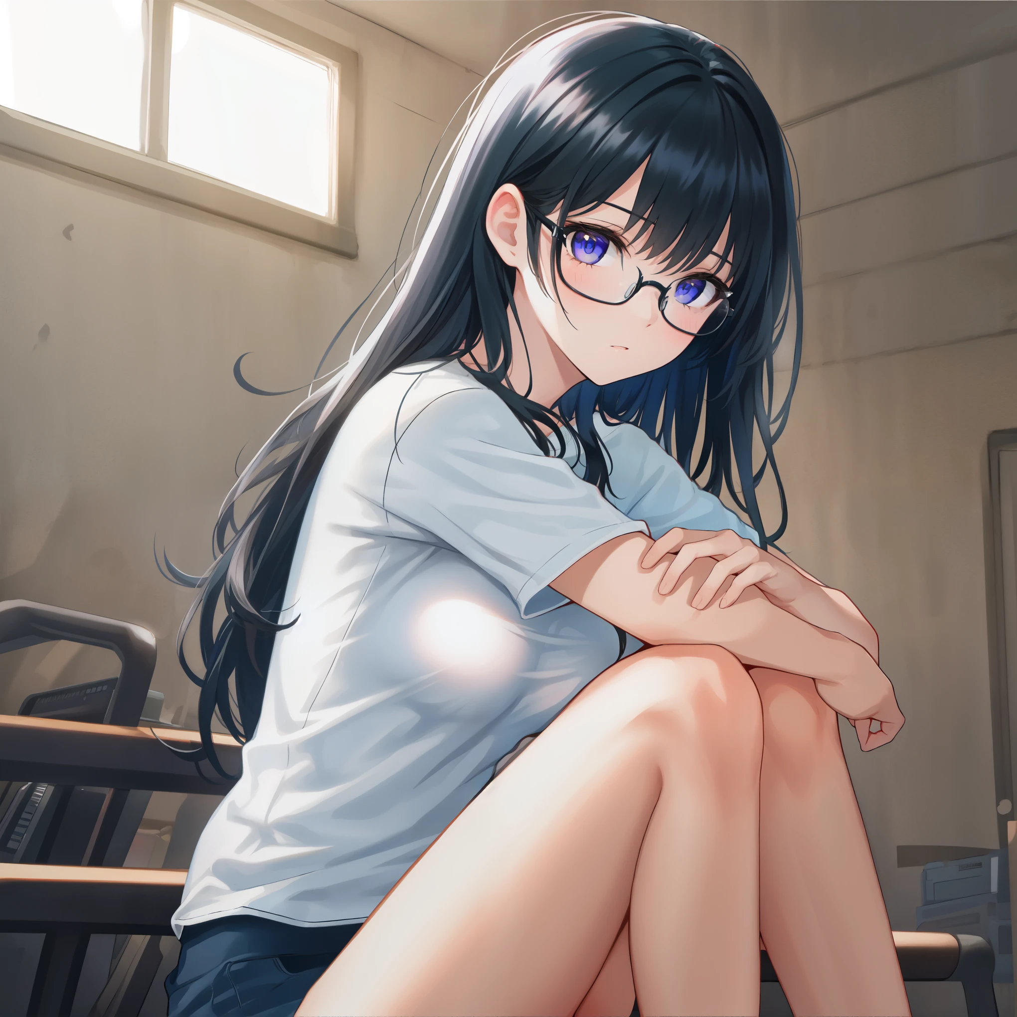 Back alley, one female junior high school student, masturbation, half naked, shirt, black hair in a ponytail, squatting, glasses, legs spread, convulsions, wet crotch、Love juice, climax, legs shaking  