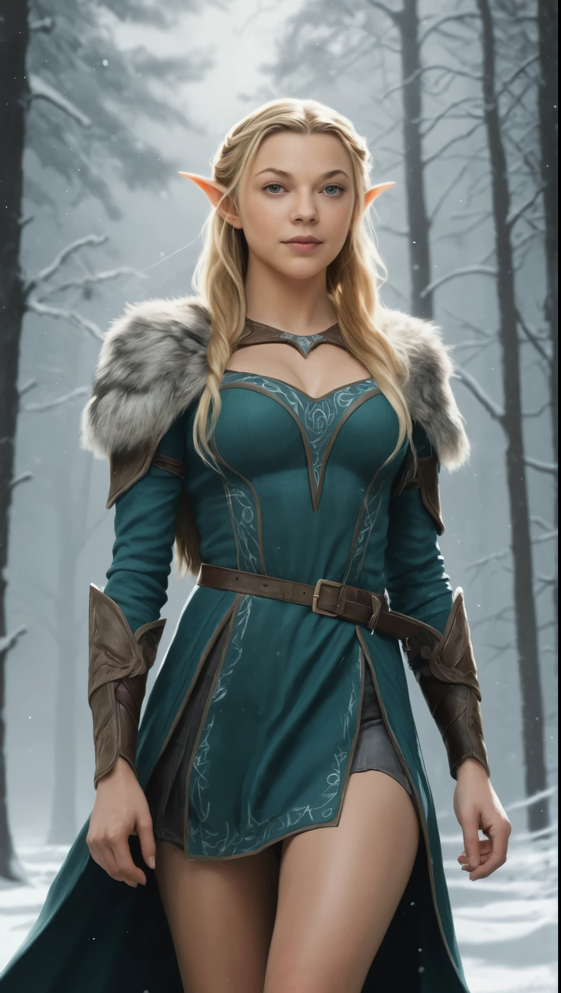 An illustrated movie poster, hand-drawn, full color, a teenage elven girl, wearing a Christmas tunic, resembles Natalie Dormer, sun-tanned complexion, very tall, athletic body, hourglass figure, curvy, toned midriff, bottom-heavy, generous hips, massive bubble-butt, long legs, ridiculously thick powerful thighs, long pointy elf ears, blonde hair, long loose waves, posing in a snowy boreal forest, hard shadows, graphite shading, stencil marks, airbrushed acrylic paint, masterpiece, in the style of Skyrim 
