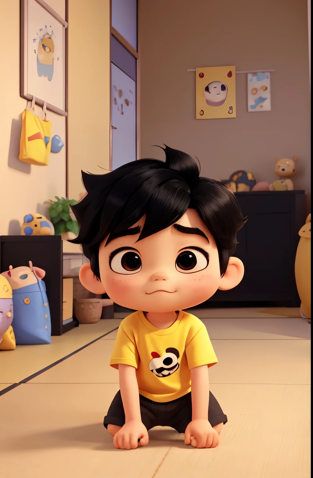 A 3D illustration in Pixar style of a cute, very oriental Japanese 2-year-old boy, straight black hair, combed to the side, small ears, serious, eyes closed, sleeping, lying down, wearing a yellow t-shirt, black shorts and black sneakers