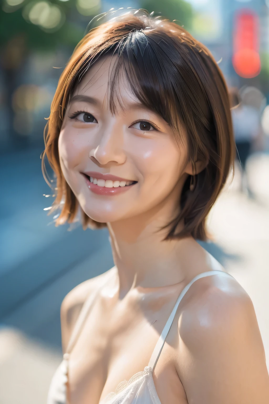 NSFW:1.5,((highest quality、8K resolution、master masterpiece、portrait:1.3)), Photoreal, 35mm film, 1 Japanese female, short bob、Upper body、on the street during the day, wrinkles around the eyes, plump body、smile,((white bra_panties:1.3)) , (outdoor:city street 1.3), jumbled background,look at the audience,Tokyo cityscape:1.3,smile