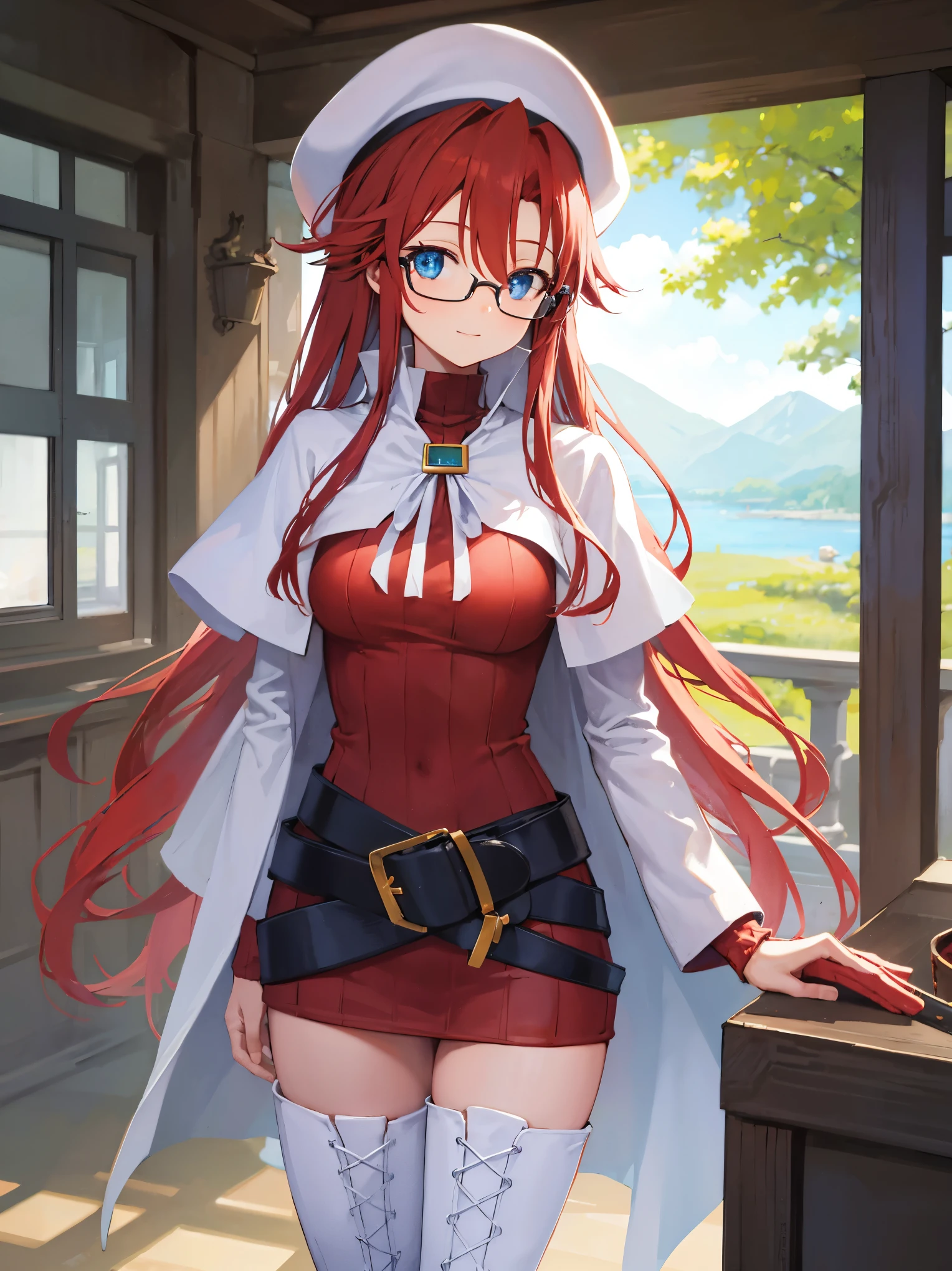pov,(nsfw:1.2),summonnightaty, aty, (young:1.3),long hair, blue eyes, red hair, large_beret, hat, glasses,
BREAK long hair, thighhighs, hat, dress, boots, glasses, belt, cape, sweater, zettai ryouiki, beret, thigh boots, white footwear, ribbed sweater, loose belt,solo,
BREAK outdoors, fantasy,on_the_ship,on_the_ship's_railing
,
BREAK (masterpiece:1.2), best quality, high resolution, unity 8k wallpaper, (illustration:0.8), (beautiful detailed eyes:1.6), extremely detailed face, perfect lighting, extremely detailed CG, (perfect hands, perfect anatomy),covered_nipples,covered_navel,light_smile ,(half_eyes:1.4),sword,armpit,sleepy,dynamic_sitting,barrel,red_sweater,apart_legs,magical_effect,spread_legs, have_a_book,open_mouth,teacher,