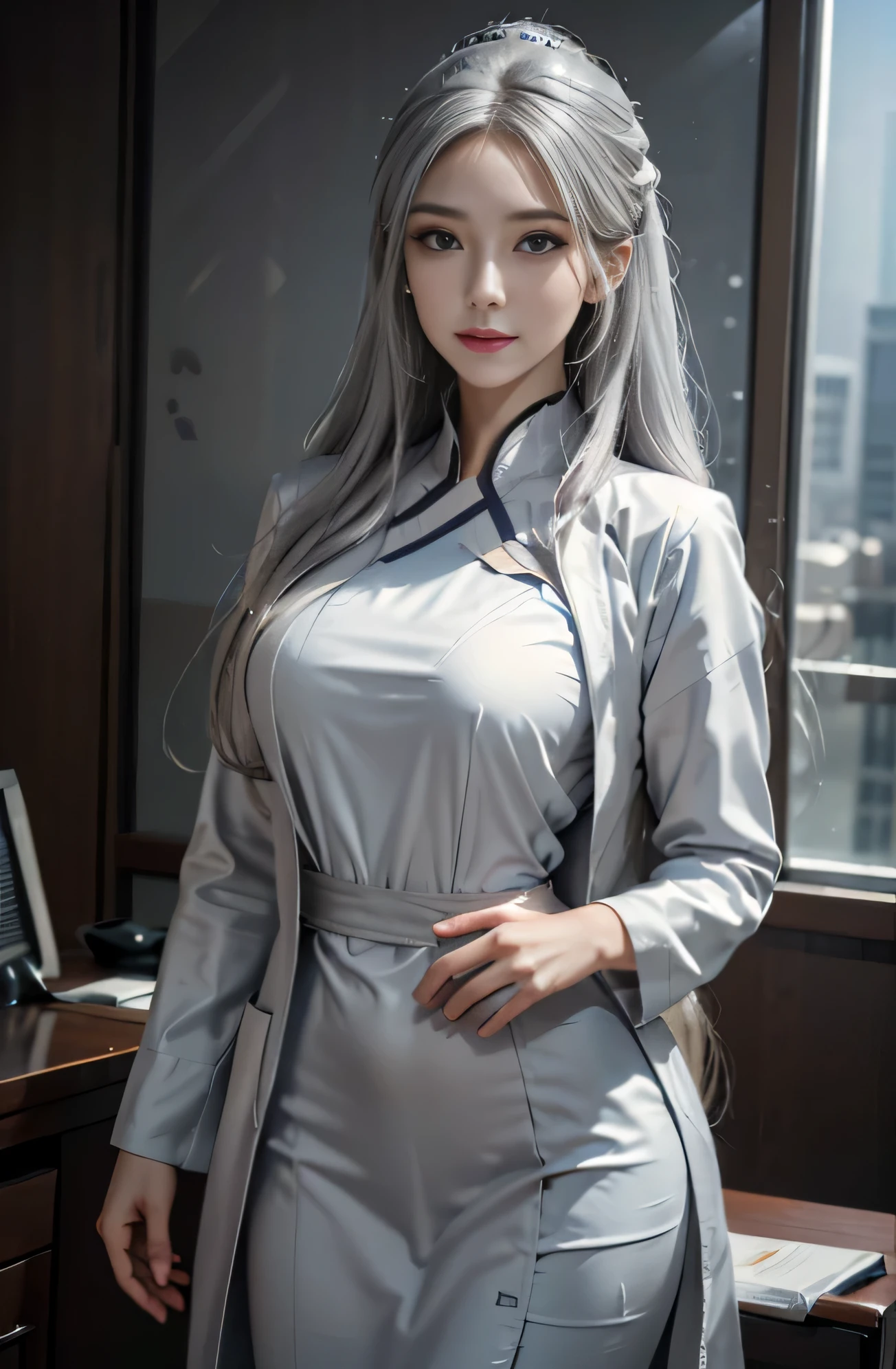 realistic, High resolution, 1 female, alone, hip up, view viewer, (detailed face), gray hair, long hair, doctor costume, name tag,Always detailed face and skin, detailed eye, 非Always detailed face and skin,Half-up hairstyle,gray hair, long hair, doctor costume,smile