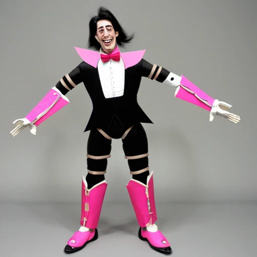 A Male ventriloquist's dummy with a long nose, pale face, big smile, slightly spiky black hair, black and pink armor, triangle-shaped core in the center of the chest, large cardboard wings, suspended in the air, with wires holding it up, large stature ,Cannon on the left arm, White high heels,Very eccentric and petty personality, greedy,roller coaster atmosphere