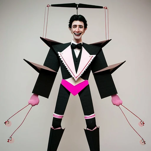 A Male ventriloquist's dummy with a long nose, pale face, big smile, slightly spiky black hair, black and pink armor, triangle-shaped core in the center of the chest, large cardboard wings, suspended in the air, with wires holding it up, large stature ,Cannon on the left arm, White high heels,Very eccentric and petty personality, greedy,roller coaster atmosphere