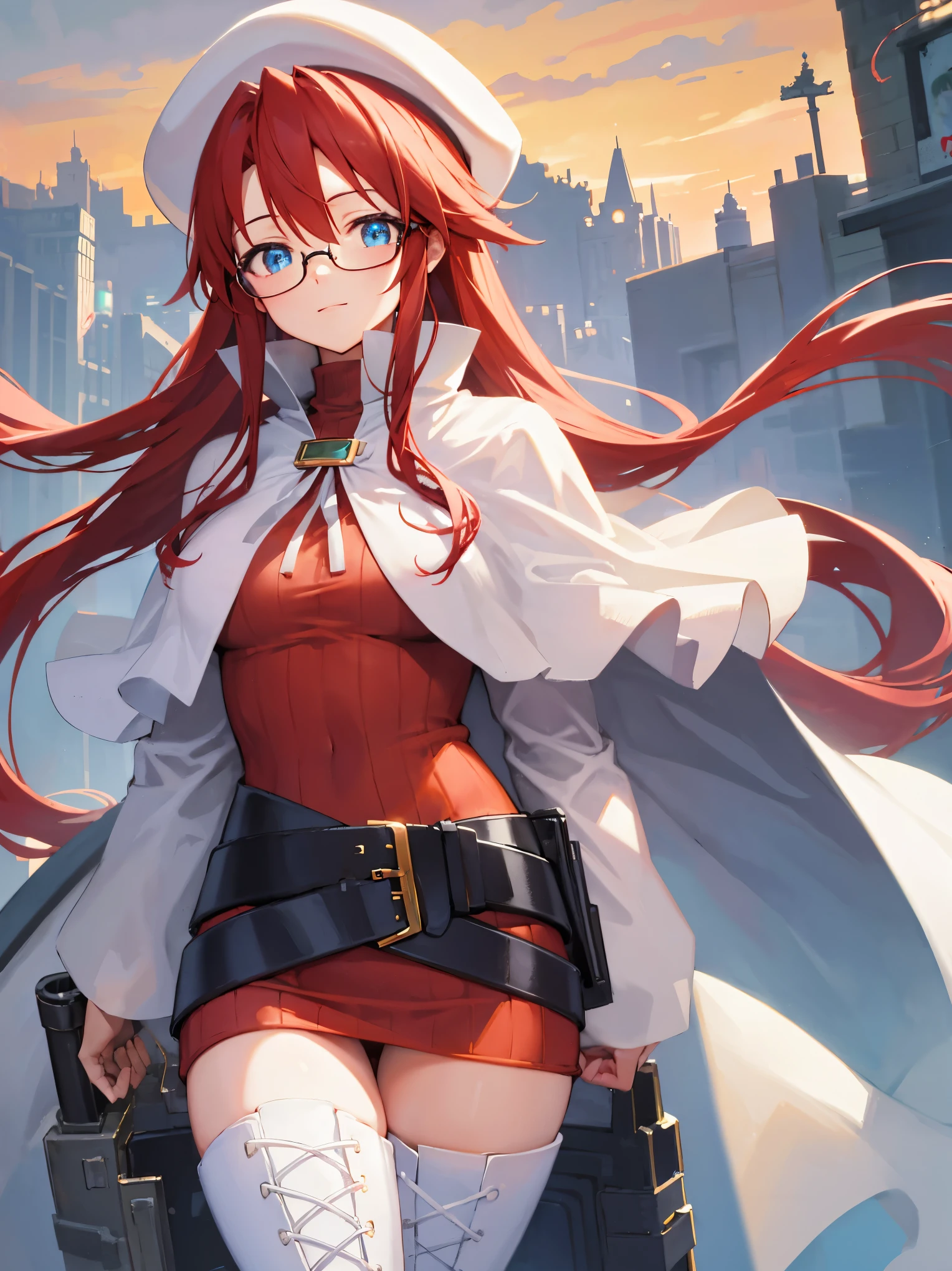 summonnightaty, aty, long hair, blue eyes, red hair, beret, hat, glasses,
BREAK long hair, thighhighs, hat, dress, boots, glasses, belt, cape, sweater, zettai ryouiki, beret, thigh boots, white footwear, ribbed sweater, loose belt,solo,
BREAK outdoors, fantasy_town,
BREAK (masterpiece:1.2), best quality, high resolution, unity 8k wallpaper, (illustration:0.8), (beautiful detailed eyes:1.6), extremely detailed face, perfect lighting, extremely detailed CG, (perfect hands, perfect anatomy),(covered_nipples:1.3),covered_navel,light_smile,dynamic_posing ,walking,(half_eyes:1.2),light_open_mouth,sword,armpit,sleepy,
