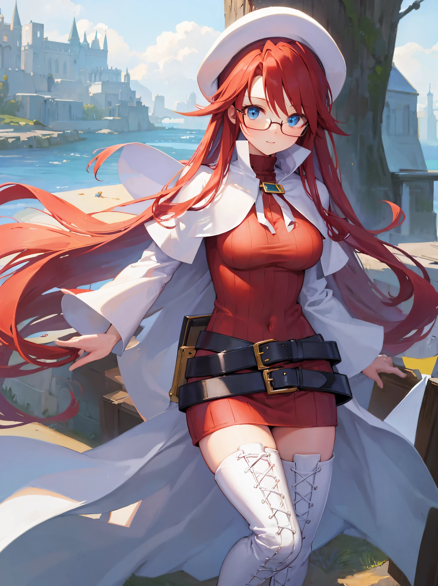 summonnightaty, aty, long hair, blue eyes, red hair, beret, hat, glasses,
BREAK long hair, thighhighs, hat, dress, boots, glasses, belt, cape, sweater, zettai ryouiki, beret, thigh boots, white footwear, ribbed sweater, loose belt,solo,
BREAK outdoors, fantasy,on_a_ship,
BREAK (masterpiece:1.2), best quality, high resolution, unity 8k wallpaper, (illustration:0.8), (beautiful detailed eyes:1.6), extremely detailed face, perfect lighting, extremely detailed CG, (perfect hands, perfect anatomy),covered_nipples,covered_navel,light_smile ,(half_eyes:1.4),sword,armpit,sleepy,dynamic_standing,barrel,red_sweater,apart_legs,magical_effect,back,