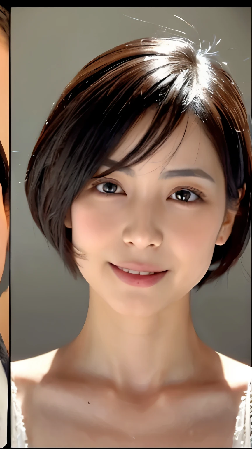 ((highest quality)), ((masterpiece)), (become familiar with), perfect face, realistic skin texture, The whole body is reflected、detailed face、 Beautiful eyes in every detail, 30 years old、1 Japanese women,beautiful face, very short hair、half open mouth、big mouth、Overbyte、blush:2.0、Wet sheer camisole、look at the camera、Fair skin