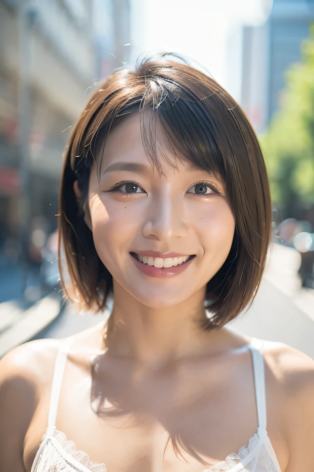 NSFW:1.5,((highest quality、8K resolution、master masterpiece、portrait:1.3)), Photoreal, 35mm film, 1 Japanese female, short bob、Upper body、on the street during the day, wrinkles around the eyes, plump body、smile,((white bra_panties:1.3)) , (outdoor:city street 1.3), jumbled background,look at the audience,Tokyo cityscape:1.3,smile