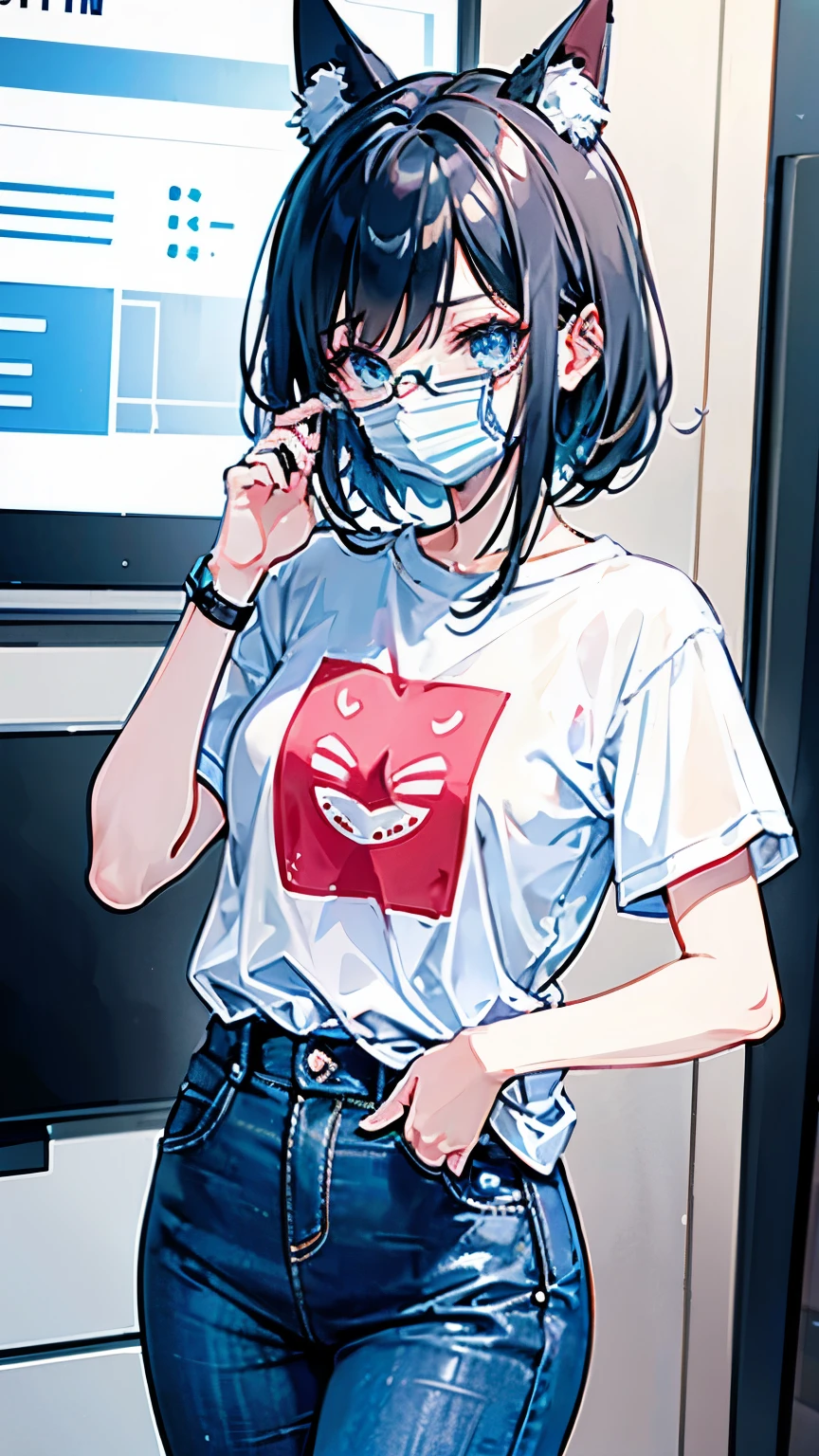 Create an anime character WITH MASK AND MIC for a YouTube channel, friendly and approachable, youthful appearance, average height, slim build, expressive eyes, warm smile, curious expression, medium-length hairstyle, casual and trendy, natural hair color, modern and casual outfit, comfortable t-shirt or blouse, jeans or casual pants, stylish watch or glasses, contemporary style, wide audience appeal, reflect YouTube channel theme, technology, gaming, pop culture, exude friendliness, authenticity, viewer engagement, connection with host. This revised prompt retains the original meaning and intent, while using more concise language to convey the desired character specifications.