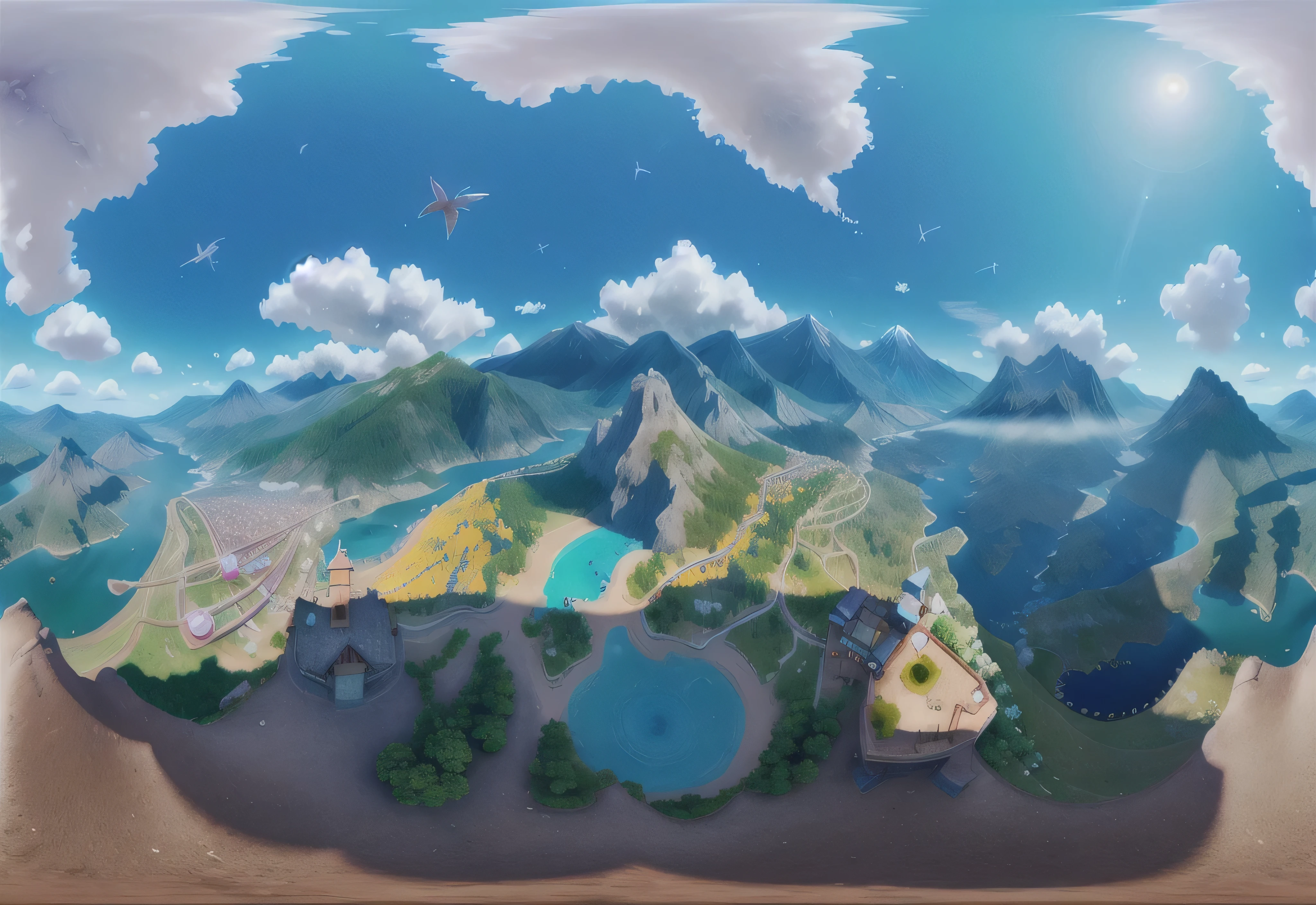 bird's-eye view of a swallow and a fairy in the sky, clouds in the sky, a city below, a white palace, mountains, a river and a flower meadow, 4k, 360 degree, equirectangular, qxj
