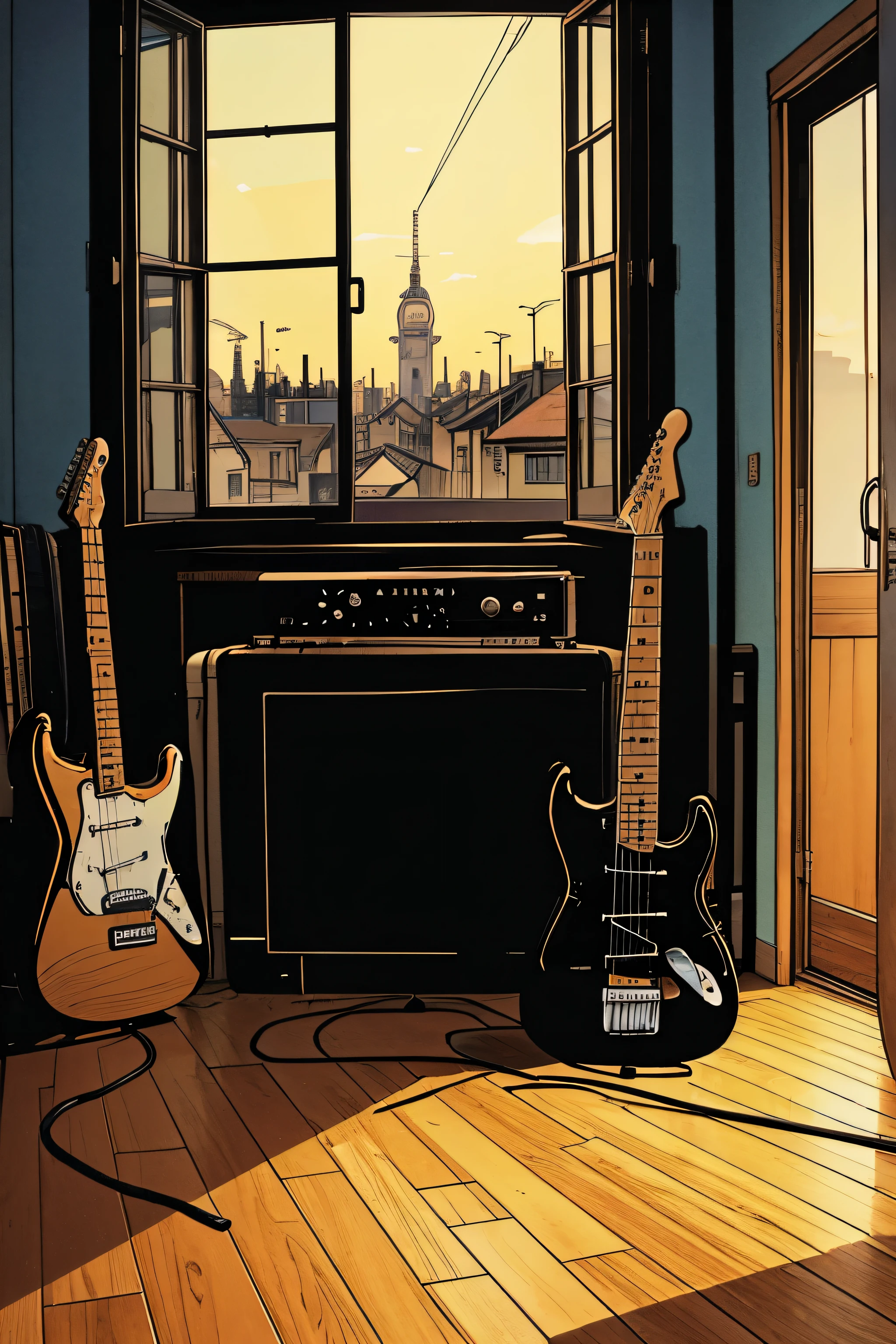 Black Stratocaster guitar, guitar pedalboard effect on the floor, in a studio room with a town view from the window, Hayao Miyazaki art style