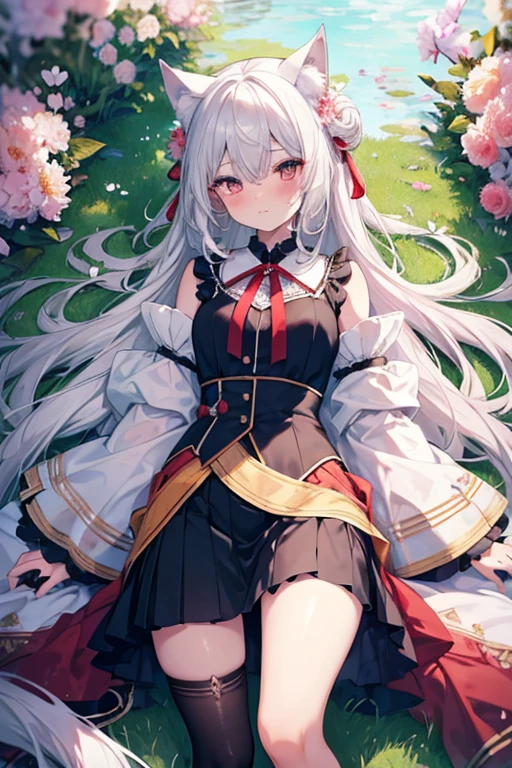 with long coiled hair, flowers in head, Cat ears, Bright pupils, Blush, (Monet:1), anaglyph, Fuji colors, outside border, Top-down view, hyper HD, Masterpiece, ccurate, Textured skin, 4K, Best quality, A high resolution, High quality, hyper HD, Masterpiece, Textured skin, A high resolution, Best quality, High quality, 4K,Exquisite facial features,Rich colors,Superskirt,Raised sexy,semi transparent,sweat leggs,dual horsetail,silvery white hair,Red pupils,Bow knot,(Wolf tail:1),Bell
