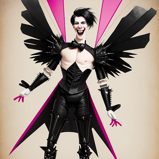 A Male ventriloquist's dummy with a long nose, pale face, big smile, slightly spiky black hair, black and pink armor, triangle-shaped core in the center of the chest, large cardboard wings, suspended in the air, with wires holding it up, large stature ,Cannon on the left arm, White high heels,Very eccentric and petty personality, greedy,roller coaster atmosphere