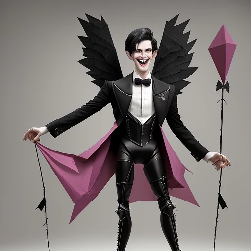 A Male ventriloquist's dummy with a long nose, pale face, big smile, slightly spiky black hair, black and pink armor, triangle-shaped core in the center of the chest, large cardboard wings, suspended in the air, with wires holding it up, large stature ,Cannon on the left arm, White high heels,Very eccentric and petty personality, greedy,roller coaster atmosphere