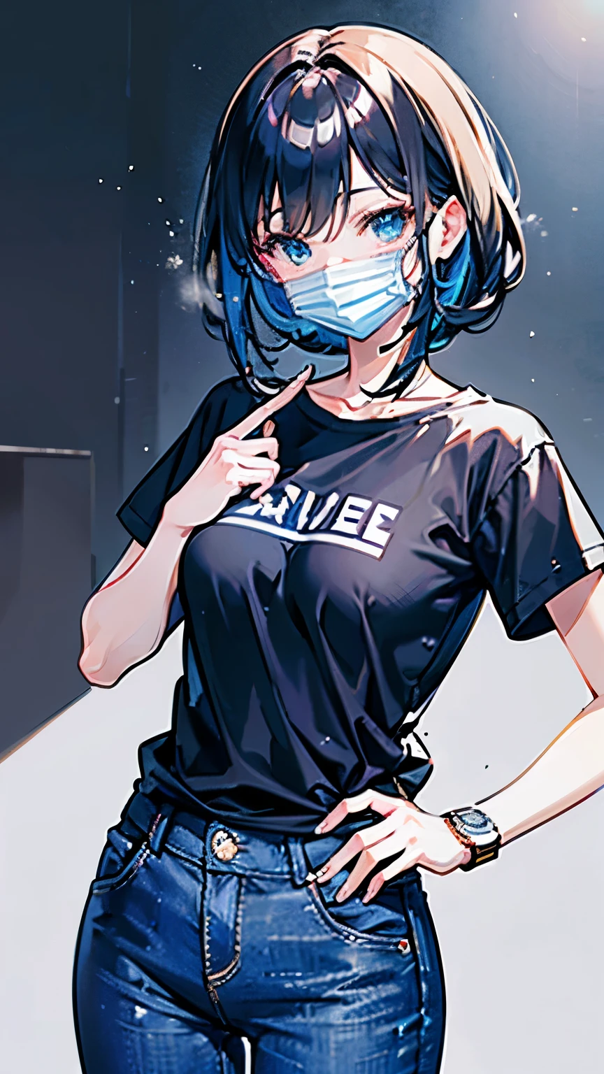 Create an anime character WITH MASK AND MIC for a YouTube channel, friendly and approachable, youthful appearance, average height, slim build, expressive eyes, warm smile, curious expression, medium-length hairstyle, casual and trendy, natural hair color, modern and casual outfit, comfortable t-shirt or blouse, jeans or casual pants, stylish watch or glasses, contemporary style, wide audience appeal, reflect YouTube channel theme, technology, gaming, pop culture, exude friendliness, authenticity, viewer engagement, connection with host. This revised prompt retains the original meaning and intent, while using more concise language to convey the desired character specifications.