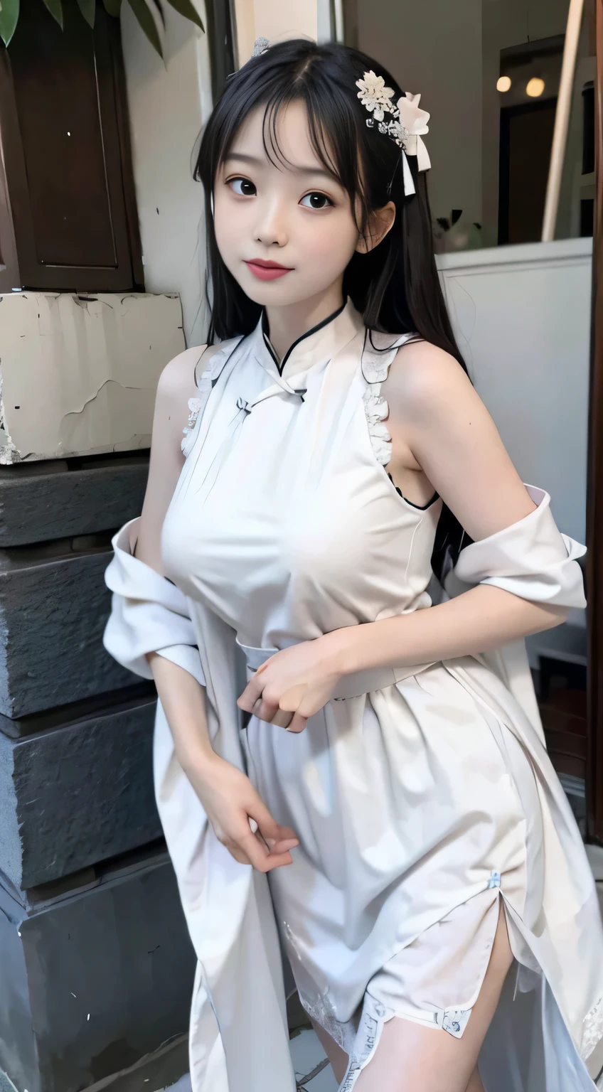 beuaty girl、high-level image quality、Like a shot with an SLR、Sensual body、Chinese clothes、Make a slit in the clothes on the thigh、Draw a work of art,Depicts a woman wearing a traditional cheongsam