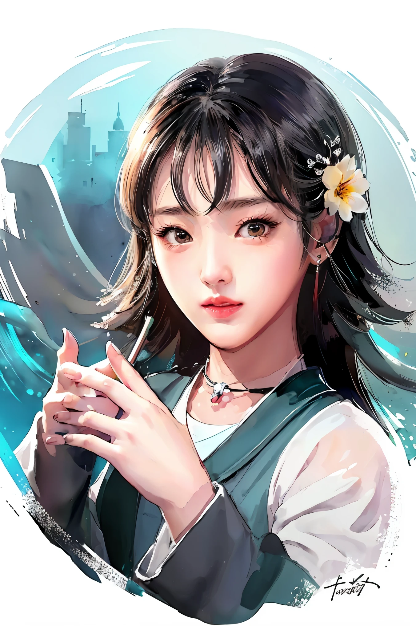 stechu,(white background:1.4), ((tachi-e)), original,(illustration:1.1),(best quality),(masterpiece:1.1),(extremely detailed CG unity 8k wallpaper:1.1), (colorful:0.9),(panorama shot:1.4),(solo:1.2), (ink splashing),(color splashing),((watercolor)), clear sharp focus,{ 1girl standing },((korean style )),flower background,outdoors,rocks, looking at viewer, make happy expressions,soft smile,pure,beautyfull detailed face and eyes,beautyfull intricacy clothing decorative pattern details, black hair,black eyes,colorwater
