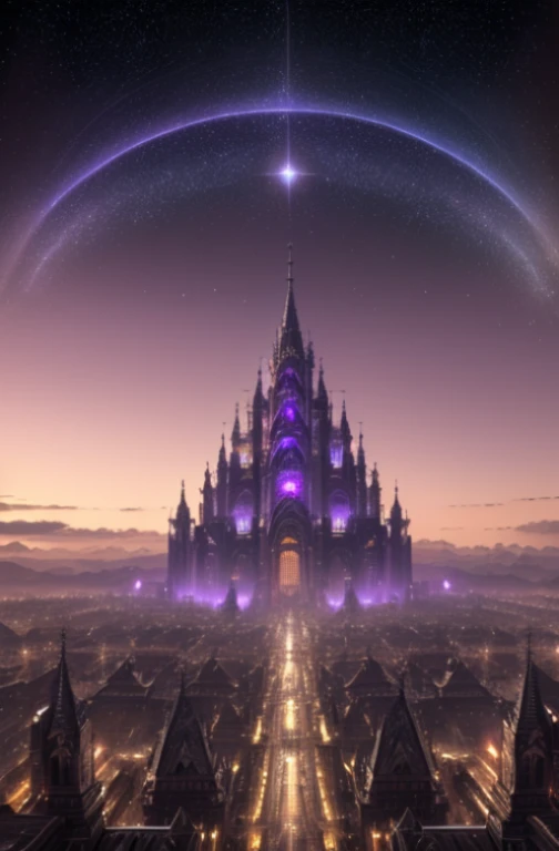 ((Masterpiece)), Best quality, (8k, Best quality, Masterpiece:1.2), Very detailed, clarification, Big fantasy city, Sci-fi, An ethereal city, Floating city, Many planets in the sky, Clouds around, Celestial architecture, Purple energy wailed around her, Giant castle in the center, Starry sky