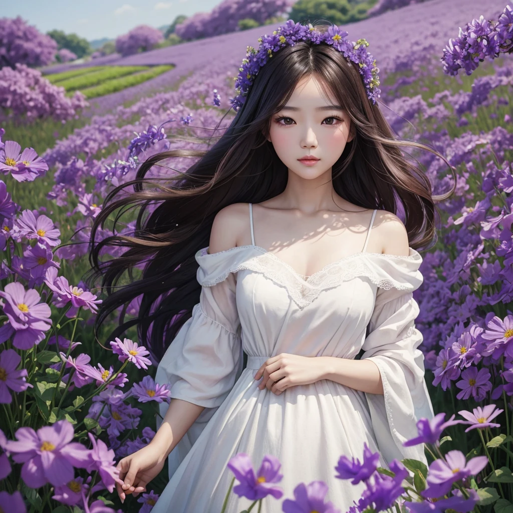 a woman in a lavande field with flowers in her hair, une photo de Yang J, tumblr, art fantastique, lavande, art fantastique style, fantaisie magnifique, beautiful south korean woman, belle fille animée, beautiful work of&#39;Digital art, robe violette, tendance sur cgstation, lavande blush, belle fille asiatique, lavande fields in full bloom, yeux violets et robe blanche, beautiful art fantastique