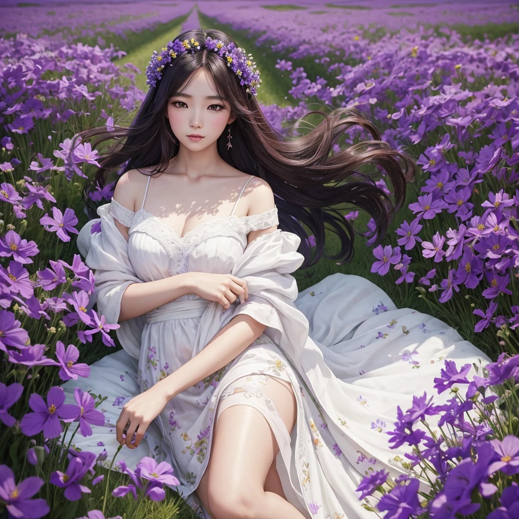 a woman in a lavande field with flowers in her hair, une photo de Yang J, tumblr, art fantastique, lavande, art fantastique style, fantaisie magnifique, beautiful south korean woman, belle fille animée, beautiful work of'Digital art, robe violette, tendance sur cgstation, lavande blush, belle fille asiatique, lavande fields in full bloom, yeux violets et robe blanche, beautiful art fantastique