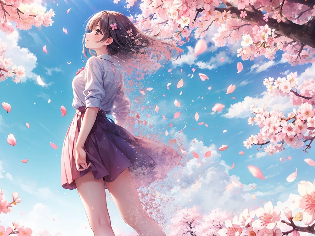 (masterpiece), best quality, 1girl, solo, On a bright spring afternoon, a girl stood under the cherry blossom tree and looked back. Her body gradually turned into cherry blossom petals, flying into the blue sky and disappearing, sad scene, sakura, skirt, sky, shirt, outdoors, flower, day, pink flower, white shirt, cloud, blue sky, petals,