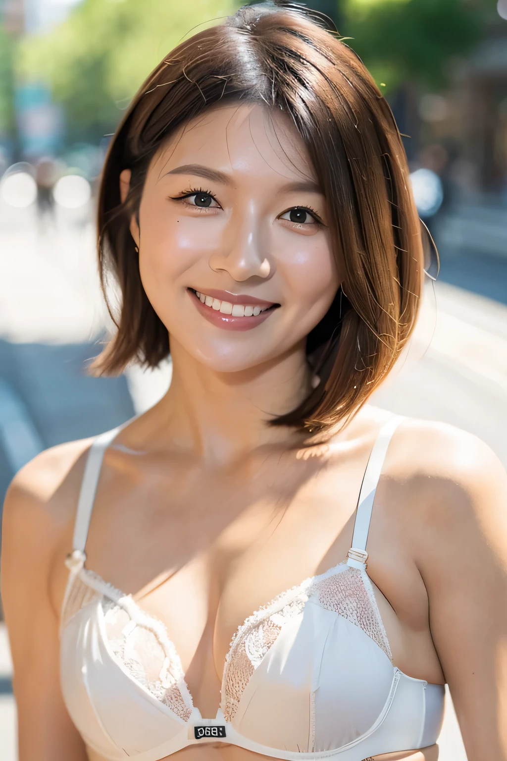 NSFW:1.5,((highest quality、8K resolution、master masterpiece、portrait:1.3)), Photoreal, 35mm film, 1 Japanese female, short bob、Upper body、on the street during the day, wrinkles around the eyes, plump body、smile,((white bra_panties:1.3)) , (outdoor:city street 1.3), jumbled background,look at the audience,Tokyo cityscape:1.3,smile