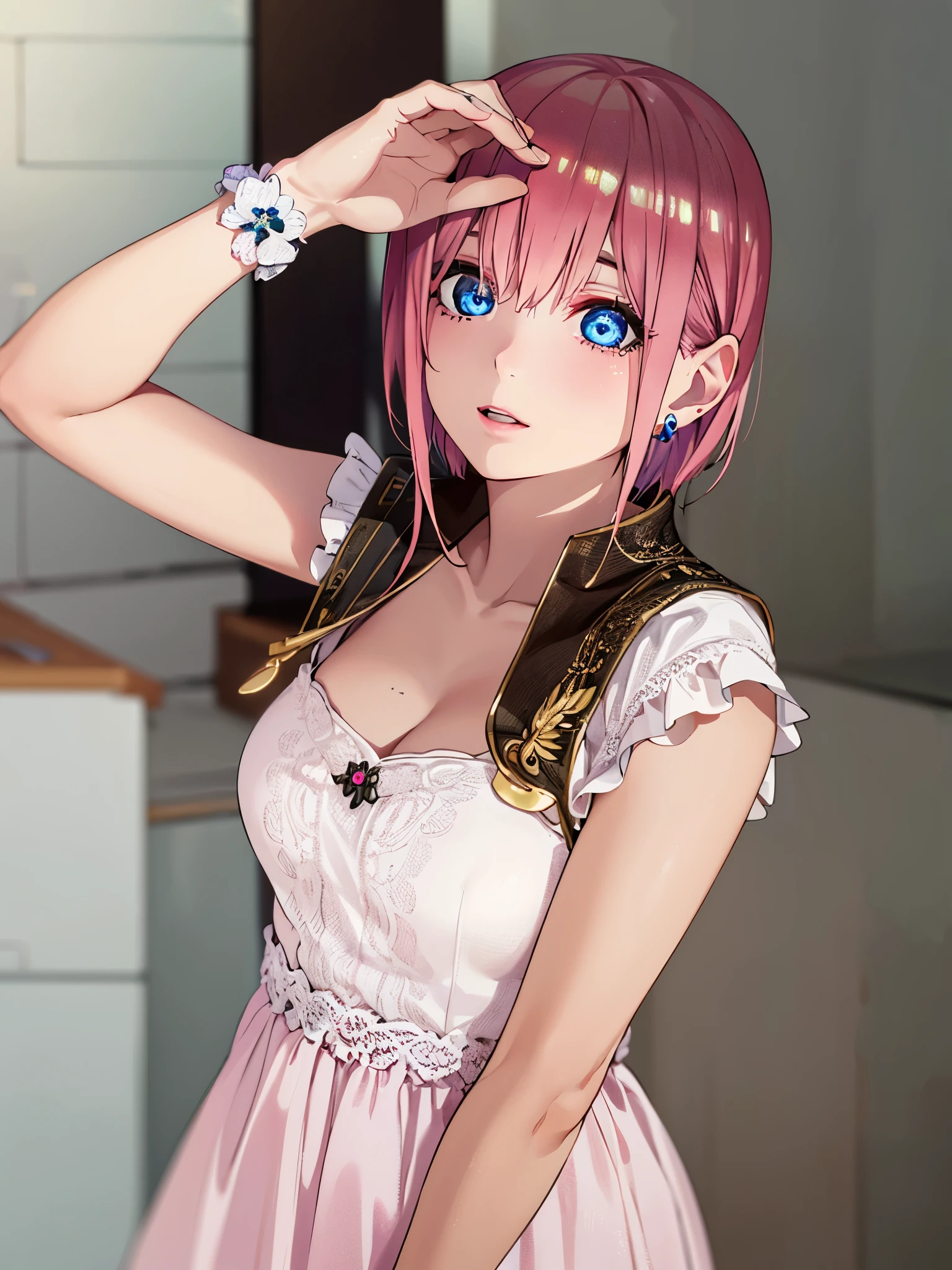ichikanakano, ichika nakano, short hair, bangs, blue eyes, hair between eyes, pink hair, earrings,
(masterpiece:1.2), best quality, high resolution, unity 8k wallpaper, (illustration:0.8), (beautiful detailed eyes:1.6), extremely detailed face, perfect lighting, extremely detailed CG, (perfect hands, perfect anatomy),