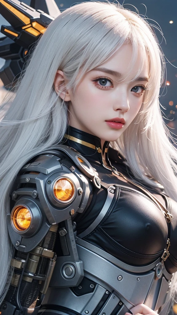 white  hair、long fluttering hair、strong breeze、Orange Eyes、radiant eyes、Steampunk Girl、Colossal 、The face and chest are alive、Cleavage is visible。photoRealstic、portfolio、Gundam-style metal mecha suit、Combat cyborg、Steampunk detailetalic、detailed mechanical components、Bundle of thin tubeetal cylinder、Detailed neon、Fine LED、Fine parts