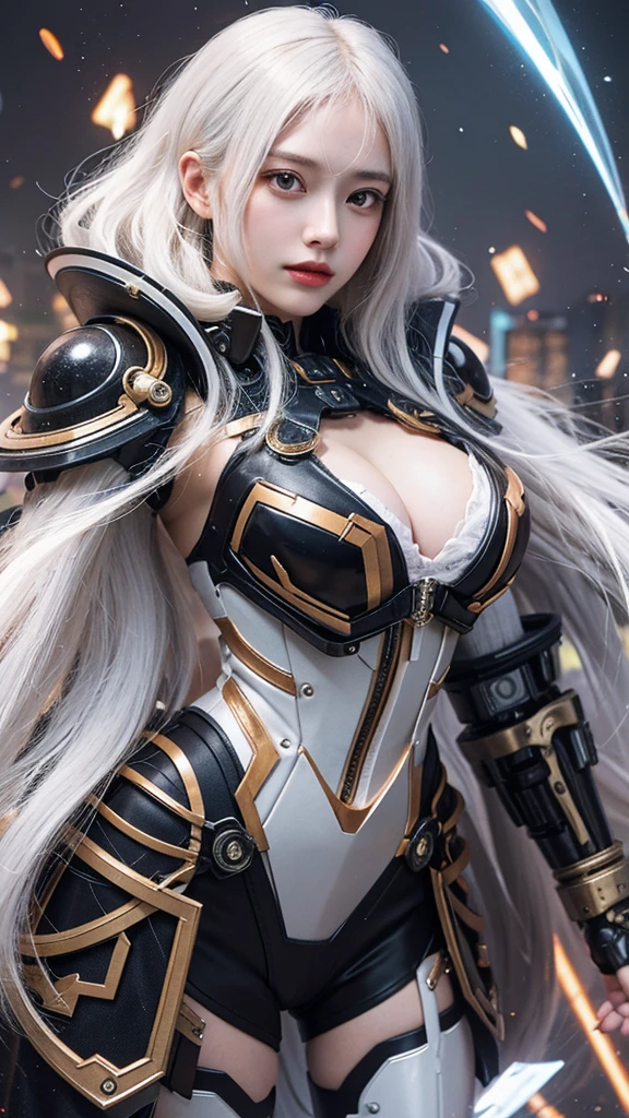 white hair、long fluttering hair、strong breeze、Orange Eyes、radiant eyes、Steampunk Girl、Colossal 、The face and chest are alive、Cleavage is visible。photoRealstic、portfolio、Gundam-style metal mecha suit、Combat cyborg、Steampunk detailetalic、detailed mechanical components、Bundle of thin tubeetal cylinder、Detailed neon、Fine LED、Fine parts