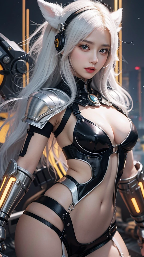 white hair、long fluttering hair、strong breeze、Orange Eyes、radiant eyes、Steampunk Girl、Colossal 、The face and chest are alive、Cleavage is visible。photoRealstic、portfolio、Gundam-style metal mecha suit、Combat cyborg、Steampunk detailetalic、detailed mechanical components、Bundle of thin tubeetal cylinder、Detailed neon、Fine LED、Fine parts