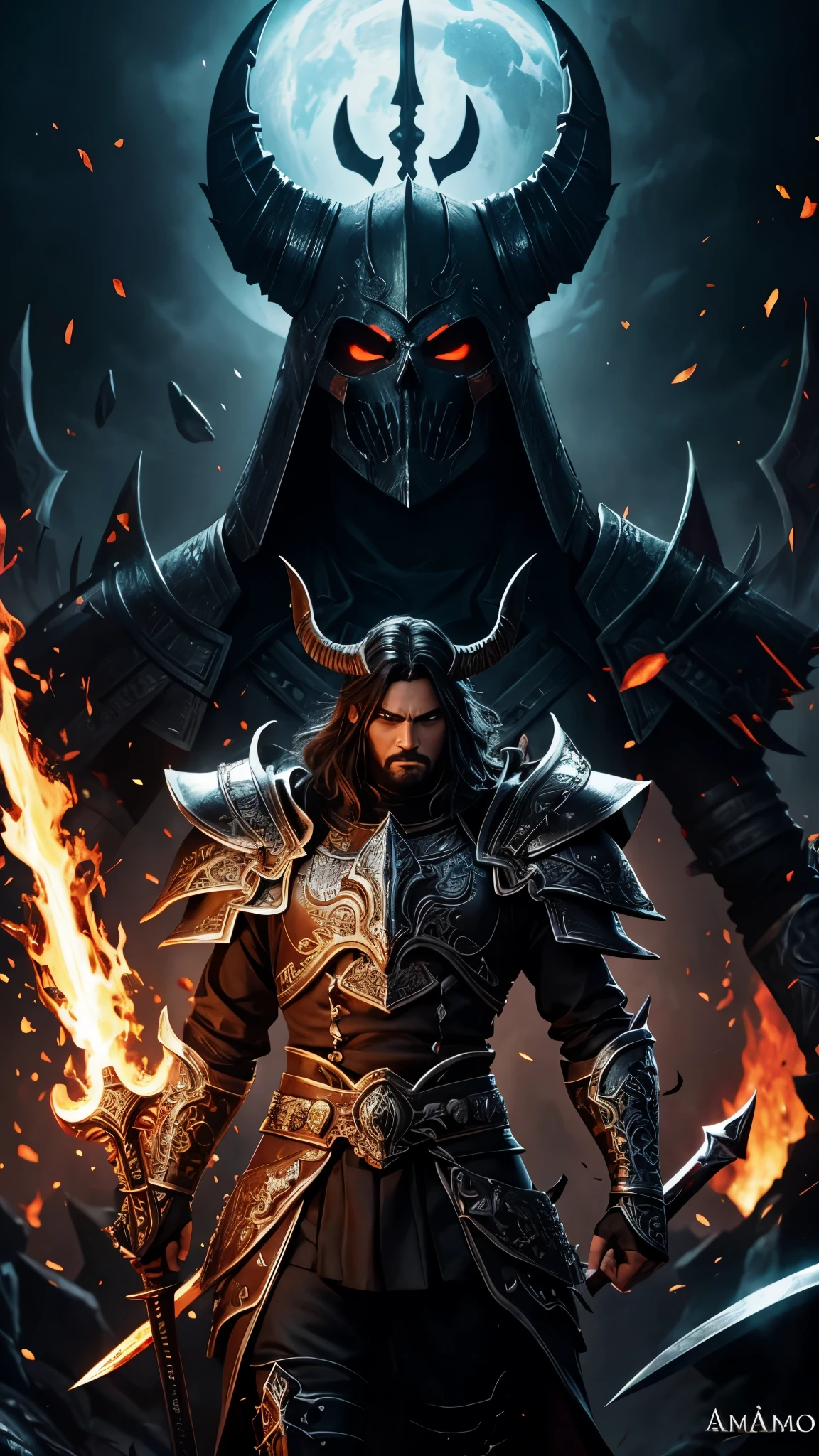 un primer plano de un demonio con una espada y cara de demonio, armadura negra de caballero calavera enloquecido, epic fantasy art style, Ares con armadura pesada y espada., epic fantasy digital art style, epic fantasy style art, armadura reflejada de color fuego negro, demonio guerrero samurai, Lord of the Ash, Dark fantasy style art.., Detailed 2D digital fantasy art