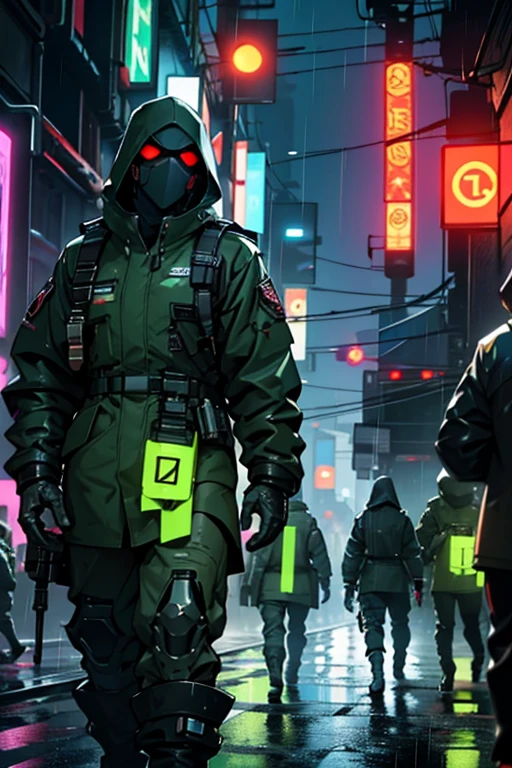 an army of cyberpunk's clonned soldiers, using cybermasks, wearing dark green futuristic uniforms under heavy rain