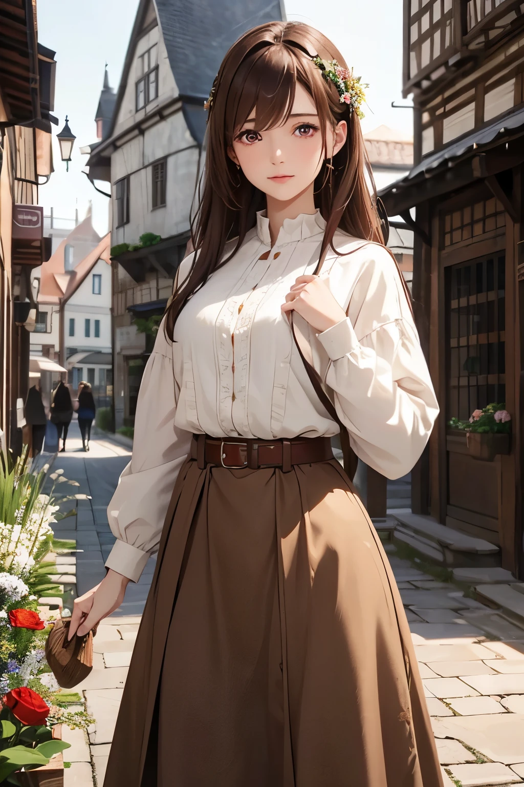 30 year old woman、Florist、brown hair、red eyes、beautiful eyes、Town Girl's Clothes、waist belt、Florist in Medieval Europe、high resolution、high quality、cinematic lighting、4K quality