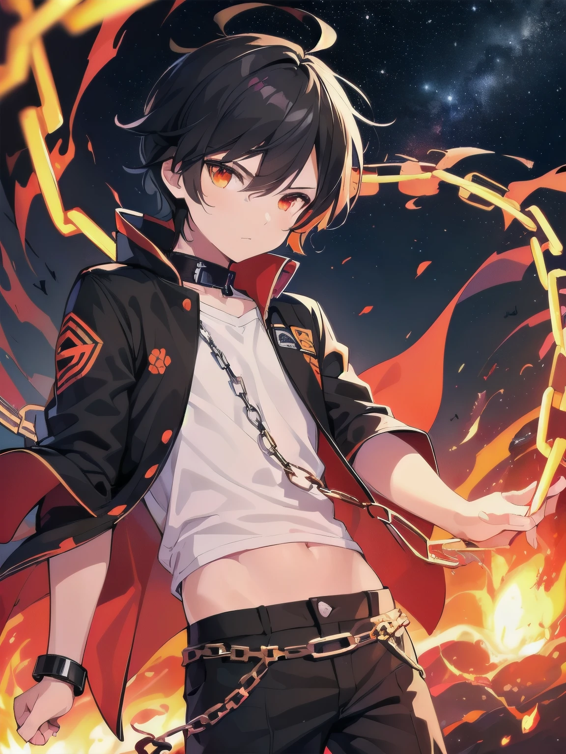 [(deep crimson:1.5),::5], (((masterpiece))), high quality, very high resolution, large filesize, full color, ((**********)), short Black hair, vivid color, orange eye, (Flame Effect), anime, sky of night galaxy, ((chains))