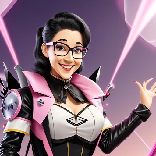 A ventriloquist's dummy with a long nose, pale face, big smile, slightly spiky black hair, wearing a pair of pink and yellow glasses, black and pink armor, triangle-shaped core in the center of the chest, large cardboard wings, suspended from the air, with wires holding him, Large stature, Cannon on the left arm, White high heels, Very eccentric and petty personality, greedy, rollercoaster environment