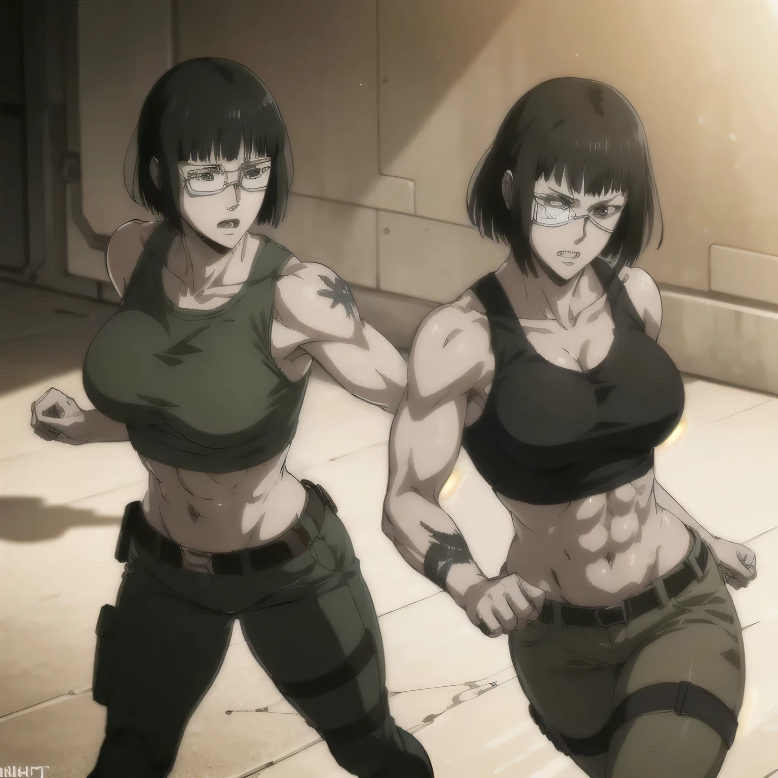 (best quality,ultra-detailed,realistic:1.37), military, muscular girl with sculpted body wearing a tank top and combat trousers , beautiful tattoo on girl's shoulder, full review of the female character's face and body, intense expression, strong and confident posture, studio lighting, vivid colors, physiologically-based rendering, grungy texture, rugged background, dust particles in the air, commanding presence, professional, powerful, gritty aesthetics,,Valmet with her muscles body,short hair,eye patch,breast middle size
