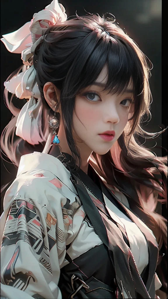 ((Best Quality)), ((Masterpiece)), (Detail: 1.4), 3D, Beautiful Cyberpunk Female Image, HDR (High Dynamic Range), Ray Tracing, NVIDIA RTX, Super Resolution, Unreal 5, Subsurface Scattering, PBR Texture, Post-Processing, Anisotropic Filtering, Depth of Field, Maximum Sharpness and Sharpness, Multi-layer Texture, Albedo and Highlight Mapping, Surface Coloring, Mitsu-Accurate Simulation of Material Interactions, Perfect Proportions, Octane Rendering, Two-color Light, Large Aperture, Low ISO, white balance, regular three-point, 8K RAW, beautiful bright pupils, flowing robe, fine pupils, delicate face and eyes, long eyelashes, blush, fluffy hair, pink lips