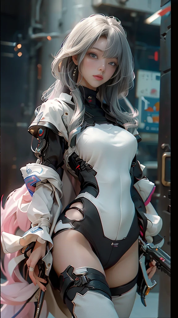 Masterpiece, best quality, Highly detailed face, highly detailed background, perfect light, Japanese, very long hair, pink hair, tight outfits, tight armor. White dress with pink pattern, cyber suit, lightning all around, white stockings, pink shoes, cat ears, , flat chest, raised legs, spread legs, white gloves.