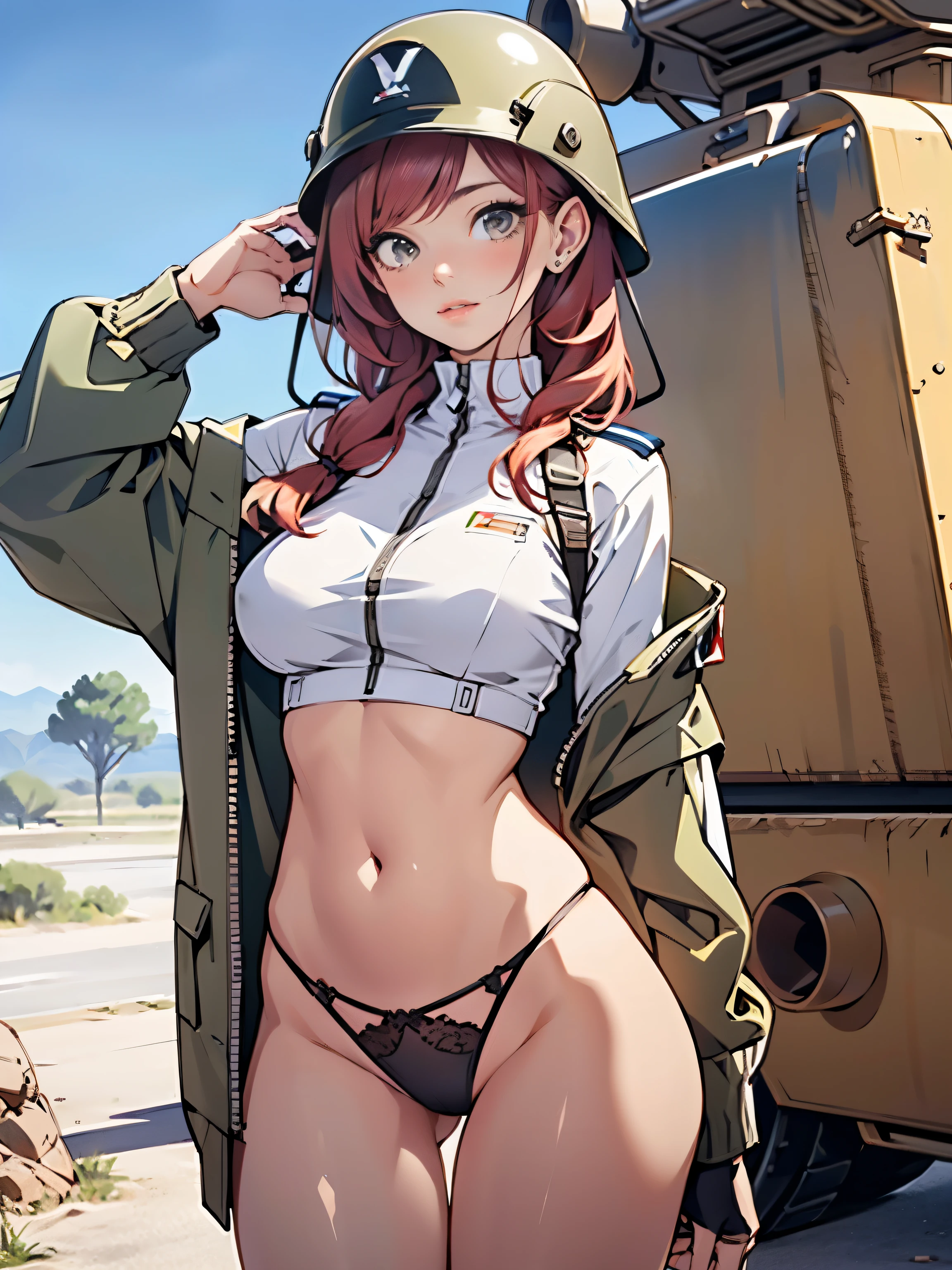 1woman 20 years old, military, wearing a soldier helmet, beautiful, perfect body, realistic, red hair, perfect body, thin waist, , large breasts, slim thighs, desert background, armored vehicle, flying fighters, military robot dog, camouflaged uniform, wealth of details, tight panties, marking on the front, slender knees, highly detailed, high resolution, prefect hands, slender thighs, thigh gap