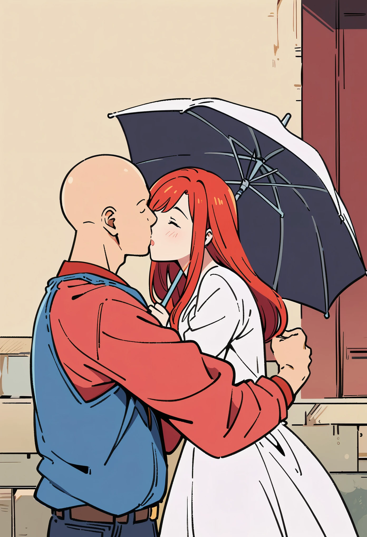 A bald man with long red hair is holding an umbrella and kissing the woman in front of him, dressed in white , in the style of Chinese comic books, simple background, in the style of anime art, high resolution.